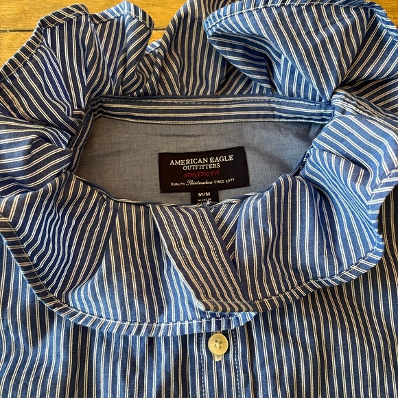 Woman’s Up-Cycled Ruffle Collar Blue Striped Button-Down Shirt with Pocket - Picture 6 of 9